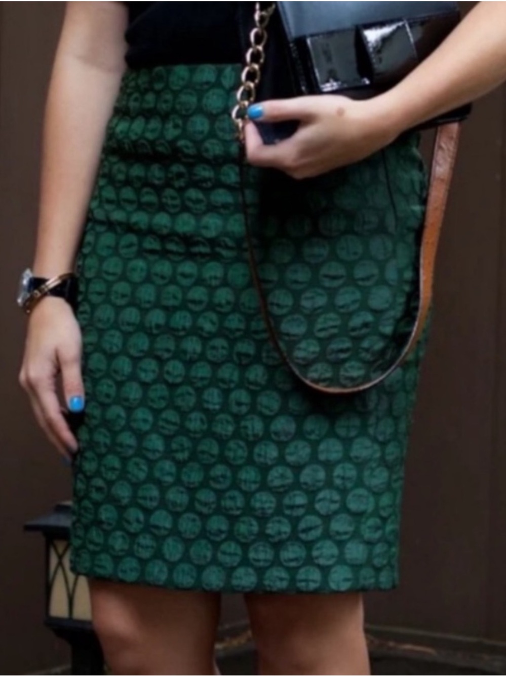 EUC Anthropologie Maeve Goban Hunter Green Jacquard Polka Dot Pencil Midi Skirt